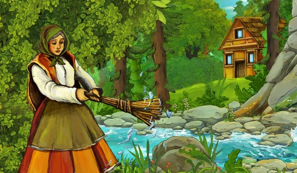 cartoon scene with farmer rancher near the stream and wooden farm in the forest - illustration for children