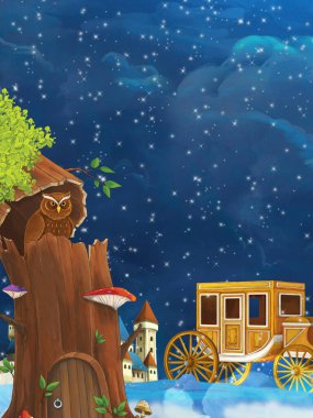 Gece kalenin yakınındaki ağaçta baykuşun oturduğu çizgi film sahnesi - çocuklar için çizim