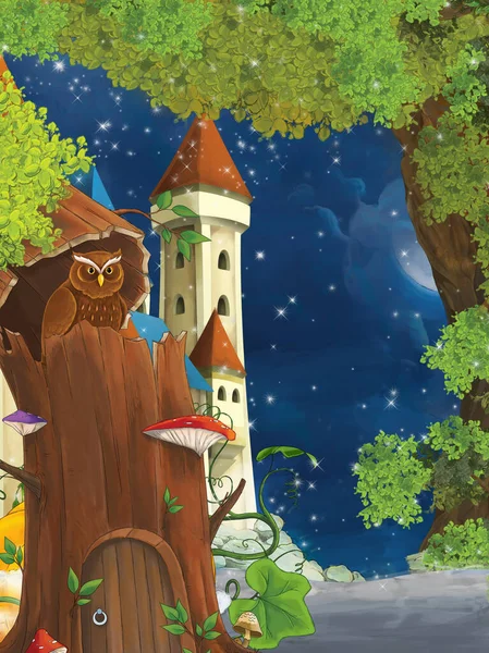 Zeichentrickszene Mit Eule Die Nachts Der Nähe Des Schlosses Baum — Stockfoto
