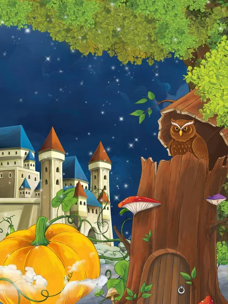 Cartoon Scene Owl Sitting Tree Night Castle Illustration Children — Stock Photo, Image