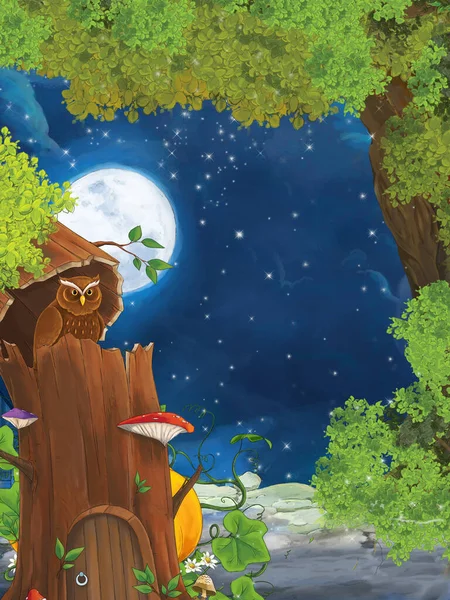 夜になると木の中にフクロウが座っている漫画シーン イラスト 子供向け — ストック写真
