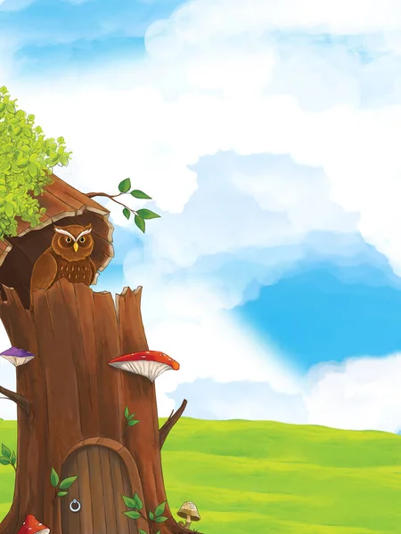 フクロウが牧草地の近くの日までに木に座っている漫画シーン 子供のためのイラスト — ストック写真
