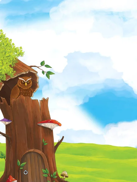 cartoon scene with owl sitting in the tree by day near the meadow - illustration for children