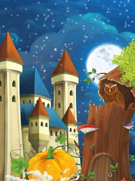 城の近くの夜に木の中にフクロウが座っている漫画シーン 子供のためのイラスト — ストック写真
