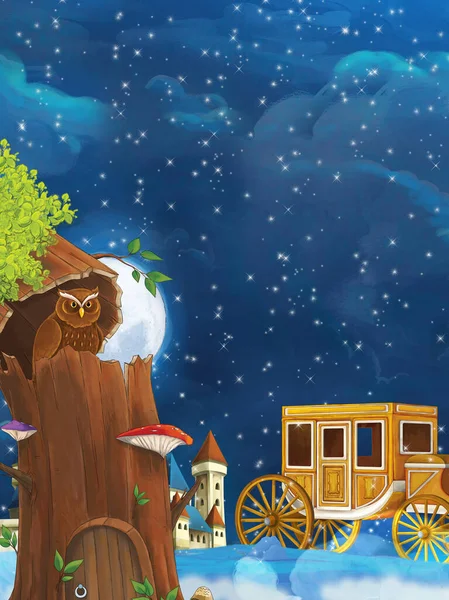 Мультяшна Сцена Совою Сидить Дереві Вночі Біля Замку Ілюстрація Дітей — стокове фото
