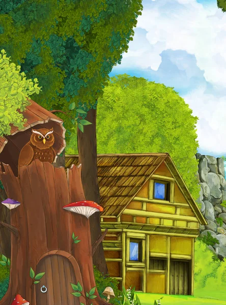 Cartoon Scene Owl Sitting Tree Day Forest Illustration Children — Stock Photo, Image