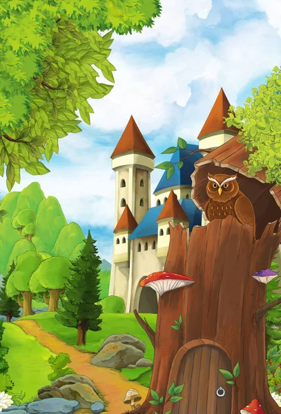 cartoon scene with owl sitting in the tree by day near the castle - illustration for children