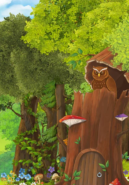 Baykuşun Gün Içinde Ormanın Yakınındaki Ağaçta Oturduğu Karikatür Sahnesi Çocuklar — Stok fotoğraf