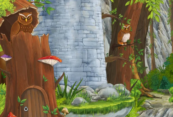 Cartoon Scene Owl Sitting Tree Day Castle Illustration Children — Stock Photo, Image