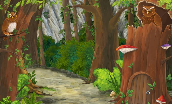 Καρτούν Καλοκαιρινή Σκηνή Μονοπάτι Στο Δάσος Κανείς Στη Σκηνή Εικονογράφηση — Φωτογραφία Αρχείου