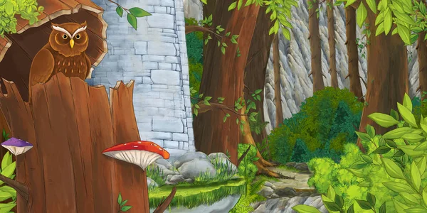 城の近くの日までに木の中にフクロウが座っている漫画シーン 子供のためのイラスト — ストック写真