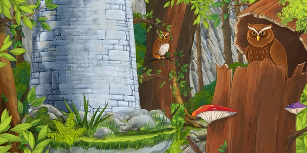 Cartoon Scene Owl Sitting Tree Day Castle Illustration Children — Stock Photo, Image