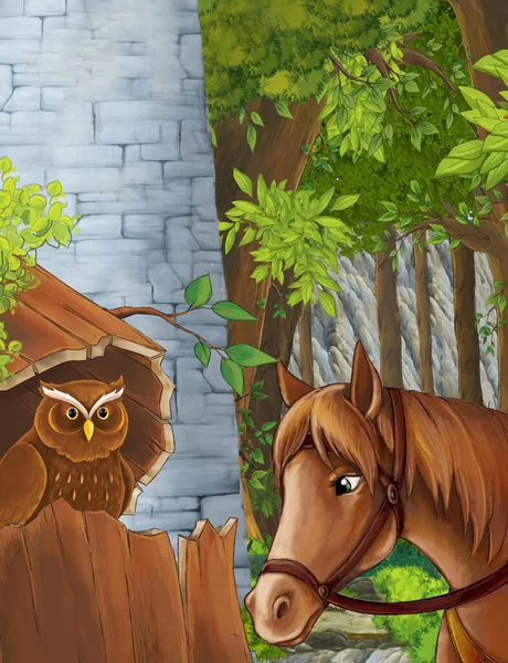 cartoon scene with owl sitting in the tree by day near the castle - illustration for children