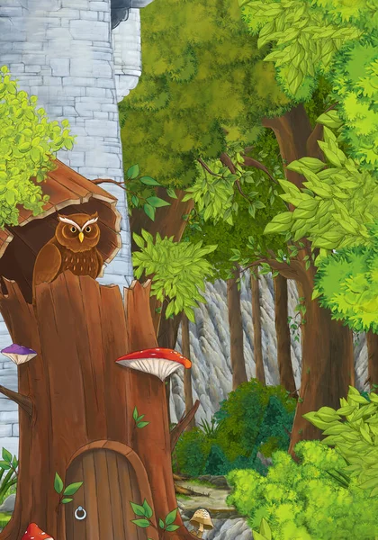 城の近くの日までに木の中にフクロウが座っている漫画シーン 子供のためのイラスト — ストック写真