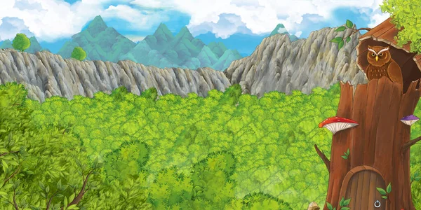 Γελοιογραφία Σκηνή Του Δάσους Στον Κρατήρα Που Περιβάλλεται Από Βουνά — Φωτογραφία Αρχείου