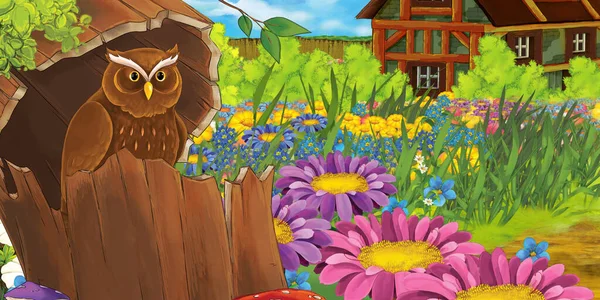 Ahşap Evin Yakınındaki Ağaçta Baykuşun Oturduğu Karikatür Sahnesi Çocuklar Için — Stok fotoğraf