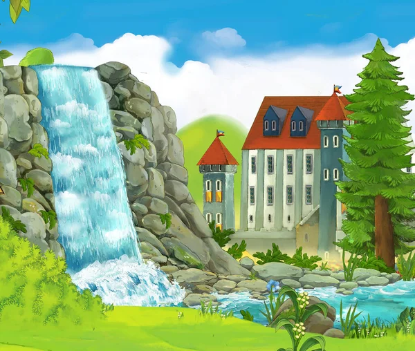 cartoon nature scene with waterfall with castle in the background illustration for children