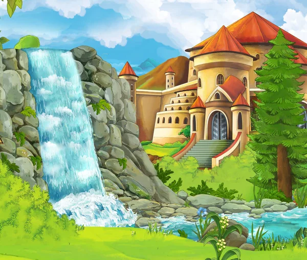 cartoon nature scene with waterfall with castle in the background illustration for children