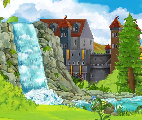 Cartoon Nature Scene Waterfall Castle Background Illustration Children — Stock Photo, Image