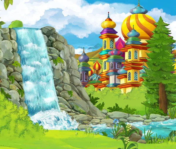 cartoon nature scene with waterfall with castle in the background illustration for children