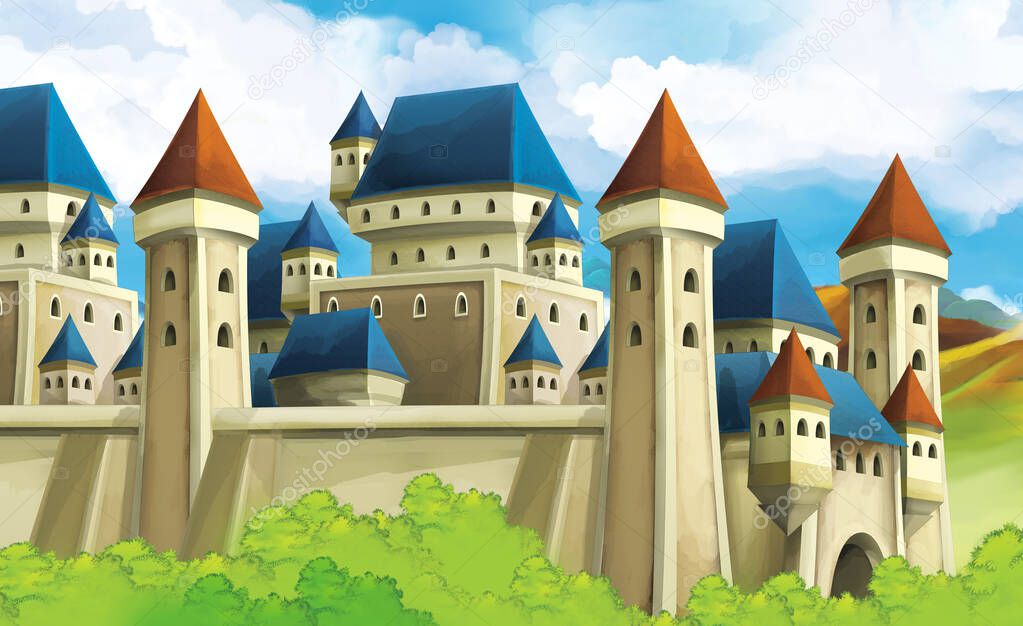 cartoon nature scene with castle in the background illustration for children