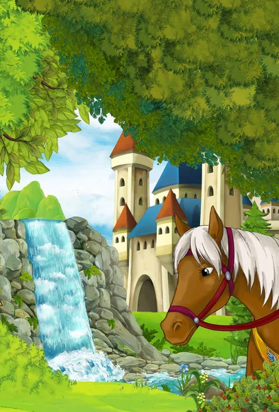 Scena Natura Del Fumetto Con Castello Con Cavallo Sullo Sfondo — Foto Stock