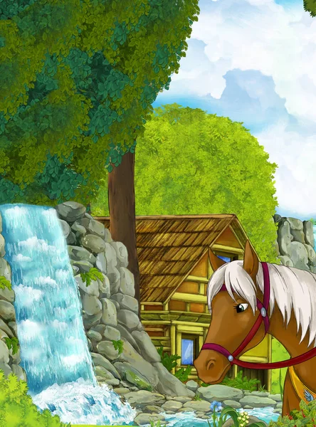 Cartoon Scene Waterfall Farm Ranch House Horse Forest Illustration Children — Stock Photo, Image