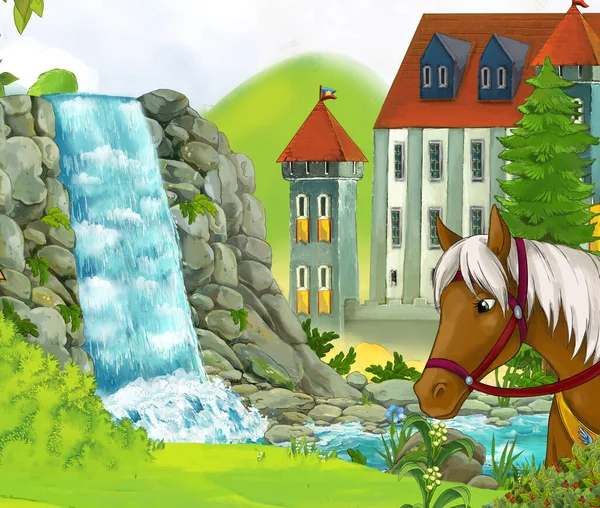 cartoon nature scene with castle with horse in the background illustration for children