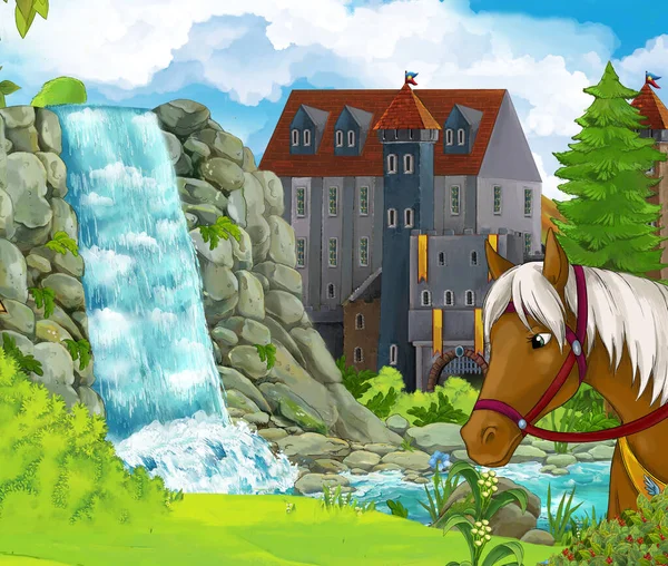 子供のための背景イラストで馬と城と漫画の自然シーン — ストック写真