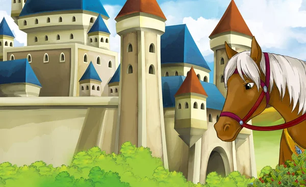 cartoon nature scene with castle with horse in the background illustration for children