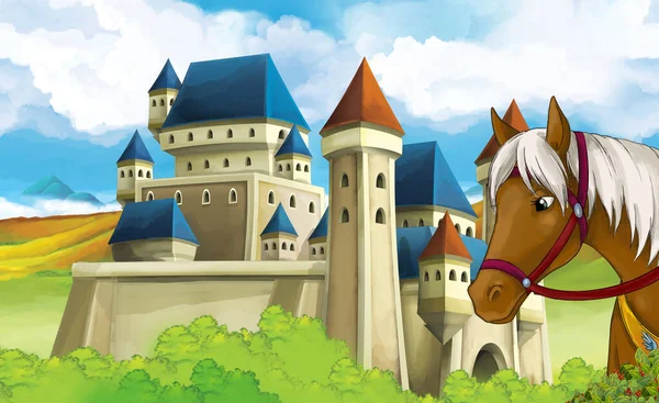 Desenho Animado Cena Natureza Com Castelo Com Cavalo Fundo Ilustração — Fotografia de Stock