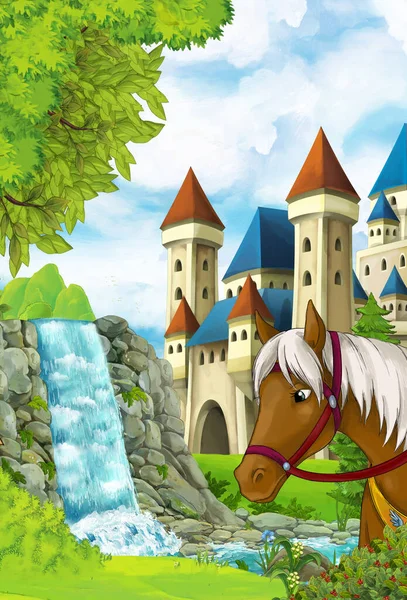 Cartoon Natuur Scène Met Kasteel Met Paard Achtergrond Illustratie Voor — Stockfoto