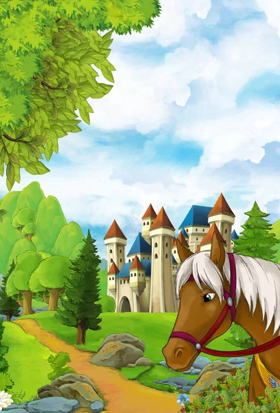 Cartoon Natuur Scène Met Kasteel Met Paard Achtergrond Illustratie Voor — Stockfoto