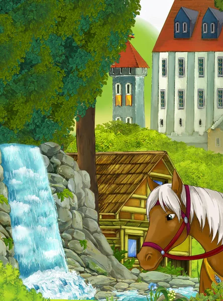 子供のための背景イラストで馬と城と漫画の自然シーン — ストック写真