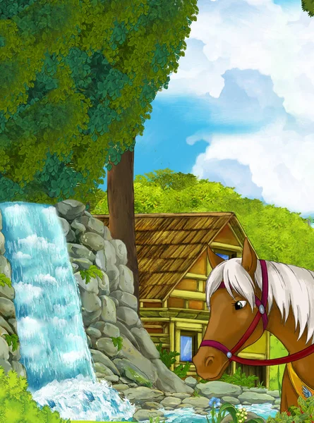 Cartoon Scene Waterfall Farm House Horse Forest Illustration Children — Stock Photo, Image