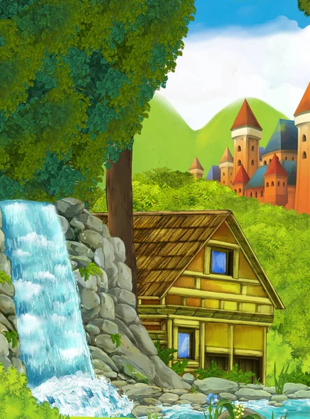 Scène Dessin Animé Avec Cascade Avec Ferme Ranch Maison Château — Photo