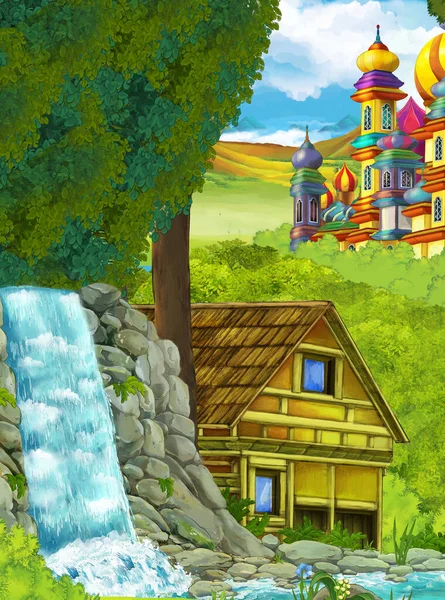 cartoon scene with waterfall and with farm ranch house and castle in forest illustration