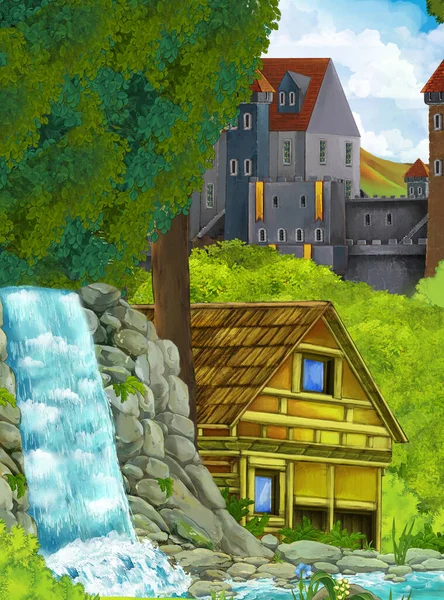 cartoon scene with waterfall and with farm ranch house and castle in forest illustration