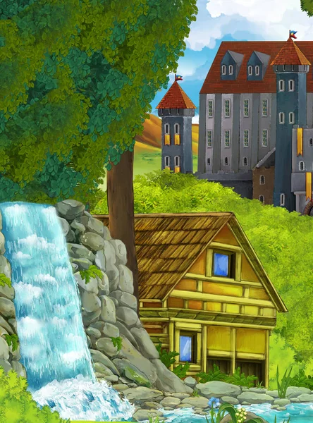 Cartoon Scene Waterfall Farm Ranch House Castle Forest Illustration — Stock Photo, Image