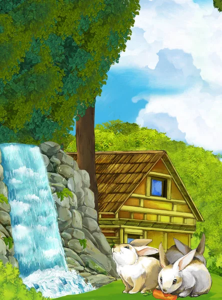 cartoon scene with waterfall and with farm ranch house in the forest illustration for children