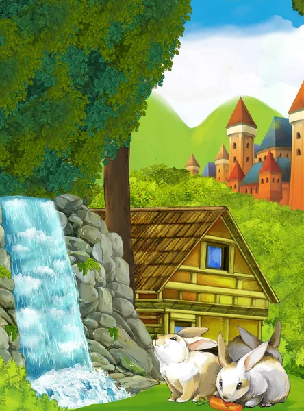 cartoon scene with waterfall and with farm ranch house and castle in forest illustration