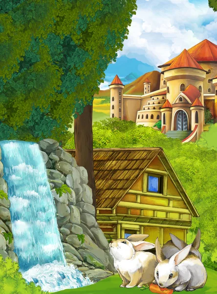 cartoon scene with waterfall and with farm ranch house and castle in forest illustration