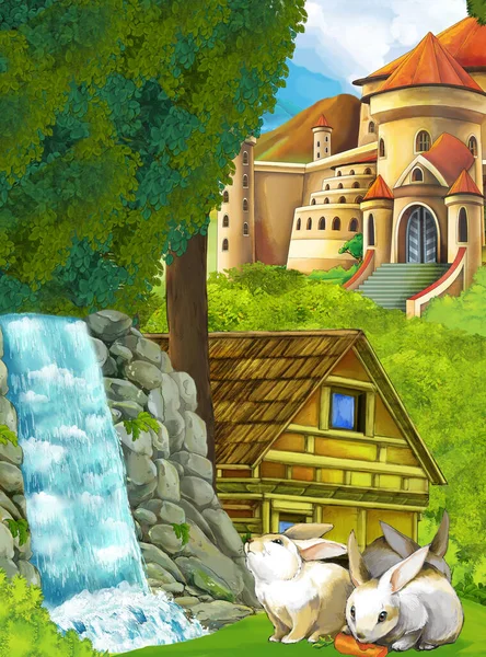 Мультяшная Сцена Водопадом Фермерским Домом Замком Лесной Иллюстрации — стоковое фото