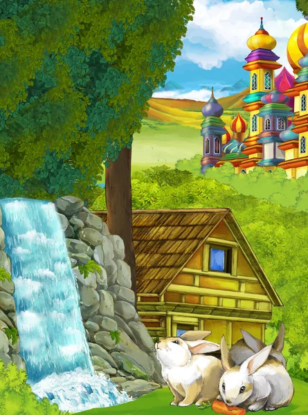 cartoon scene with waterfall and with farm ranch house and castle in forest illustration