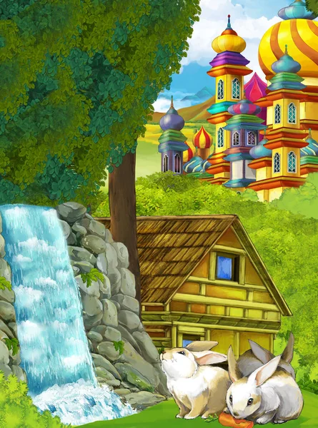 cartoon scene with waterfall and with farm ranch house and castle in forest illustration