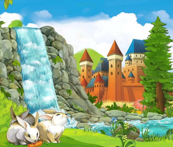 Dessin Animé Scène Nature Avec Cascade Avec Château Dans Illustration — Photo