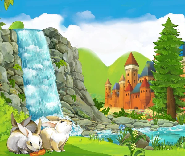 Cartoon Nature Scene Waterfall Castle Background Illustration Children — Stock Photo, Image