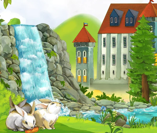 Dessin Animé Scène Nature Avec Cascade Avec Château Dans Illustration — Photo