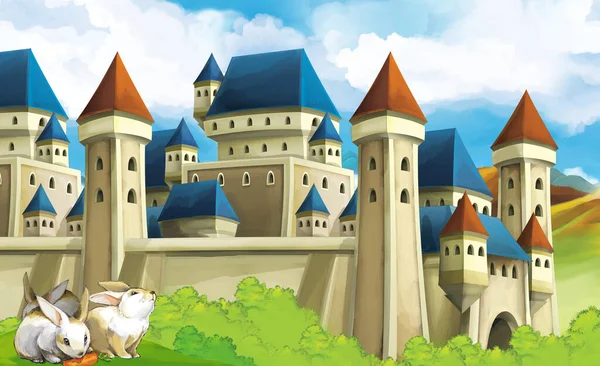 Çocuklar Için Arka Planda Castle Olduğu Karikatür Doğa Sahnesi — Stok fotoğraf