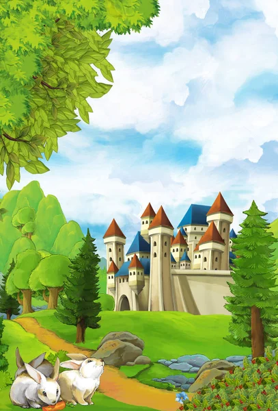 Cartoon Naturszene Mit Burg Hintergrund Illustration Für Kinder — Stockfoto